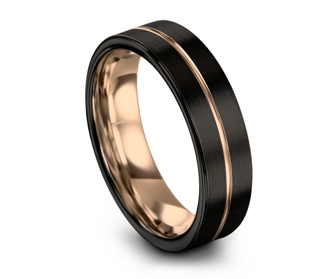 Simple Tungsten Ring Black - Wedding Band Mens Rose Gold - Birthday Gifts For Him - Anniversary Gifts For Boyfriend - Promise Ring Set