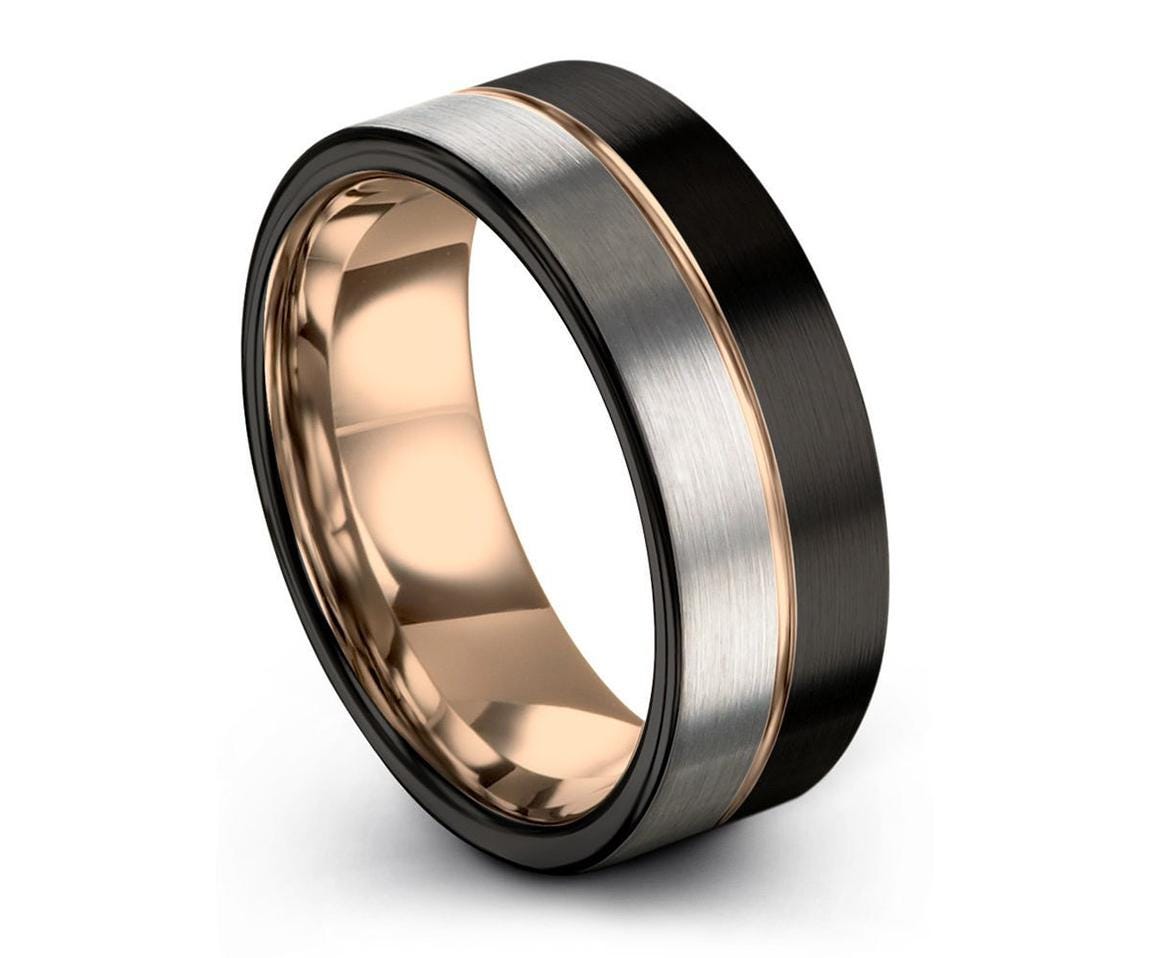 Black Tungsten Ring, Silver Wedding Band Men, Rose Gold Ring, Engagement Rings Sets, Best Friend Birthday Gifts, Boyfriend Christmas Gift