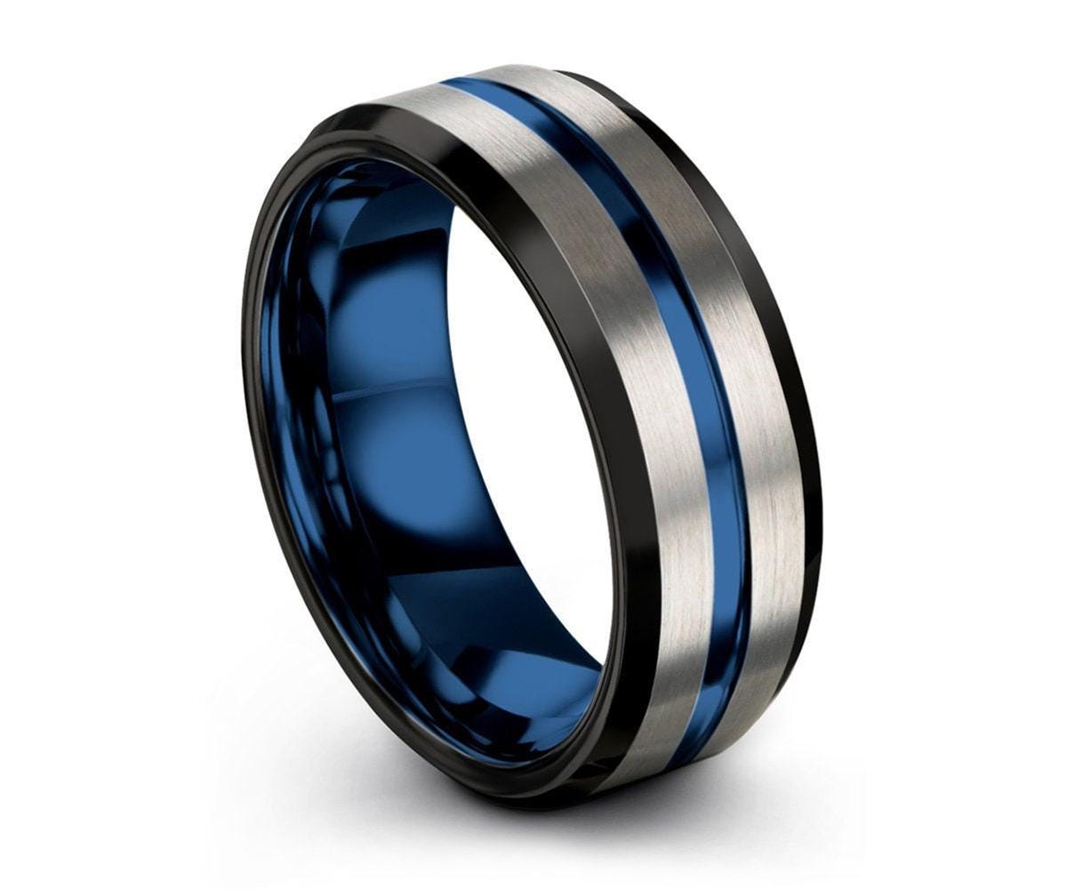 Wedding Band Set His And Hers, Black Tungsten Ring For Men, Birthday Gift For Him, Blue Engagement Ring Silver, Personalized Gift For Her