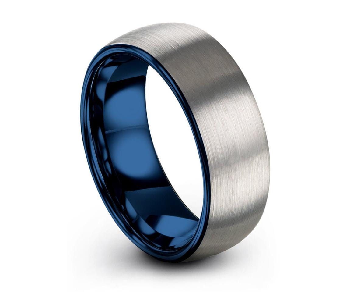 Couples Gift For Boyfriend, Blue Wedding Band Set His And Hers, Silver Tungsten Ring, Birthday Gifts For Him, Men Gifts, Thank You Gift