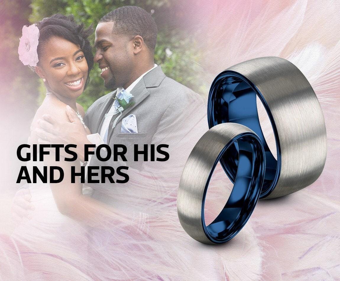 Couples Gift For Boyfriend, Blue Wedding Band Set His And Hers, Silver Tungsten Ring, Birthday Gifts For Him, Men Gifts, Thank You Gift