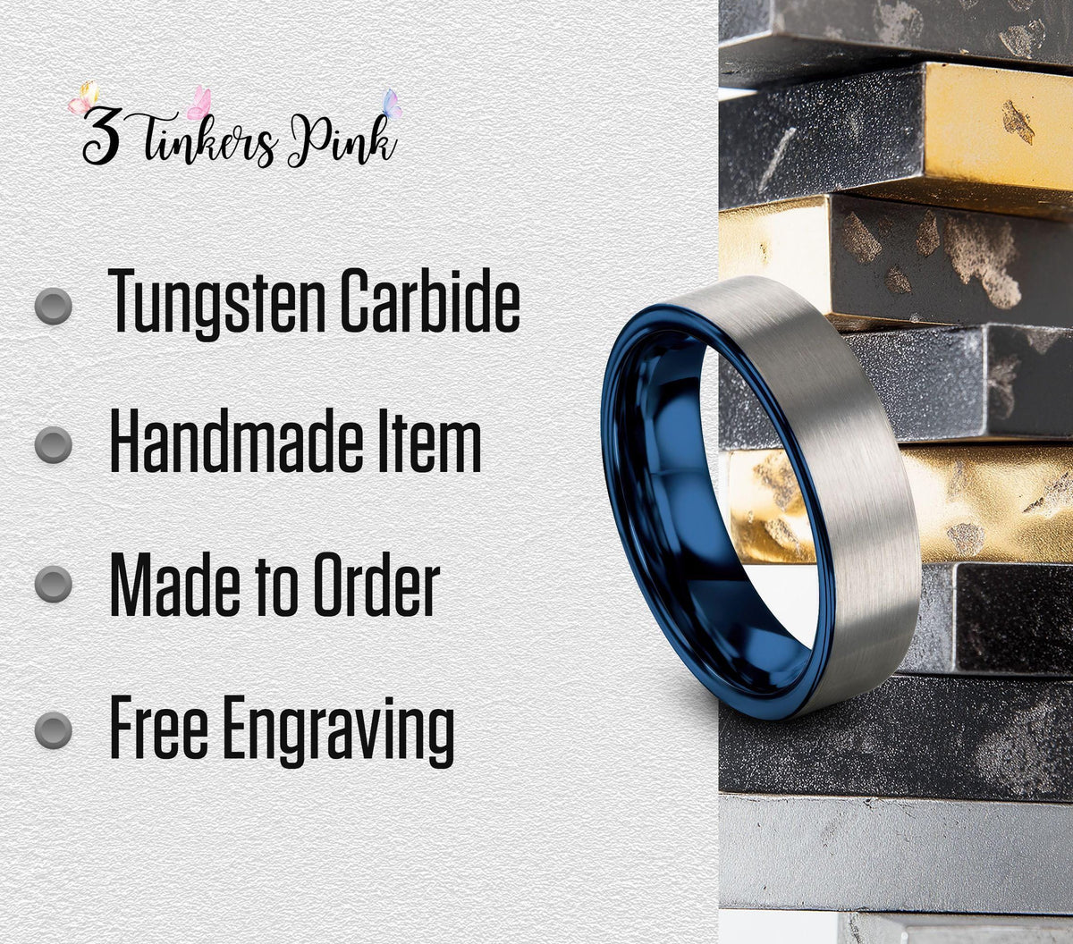 Two Tone Tungsten Wedding Band, Silver and Blue Ring, Comfort Fit