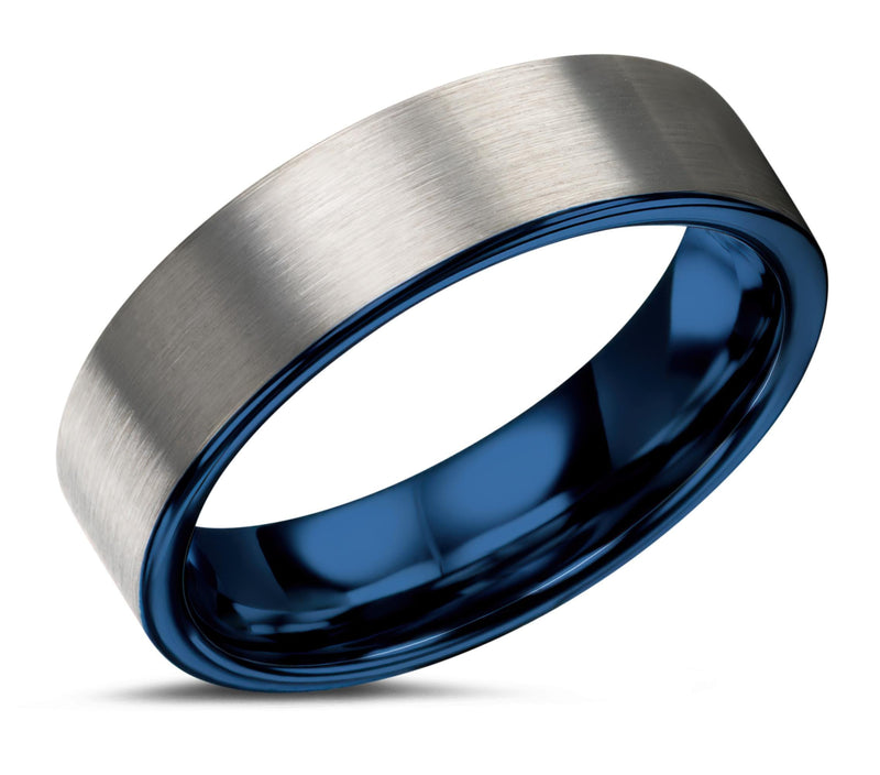 Two Tone Tungsten Wedding Band, Silver and Blue Ring, Comfort Fit