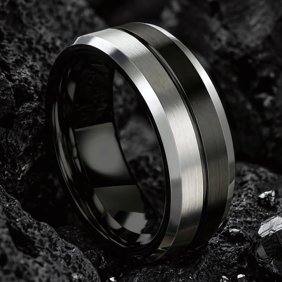 Black Silver Tungsten Wedding Band, Two Tone Mens Wedding Ring, 8mm Brushed Silver Center, Beveled Edge, Comfort Fit, Anniversary Gift Him