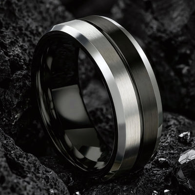Black Silver Tungsten Wedding Band, Two Tone Mens Wedding Ring, 8mm Brushed Silver Center, Beveled Edge, Comfort Fit, Anniversary Gift Him