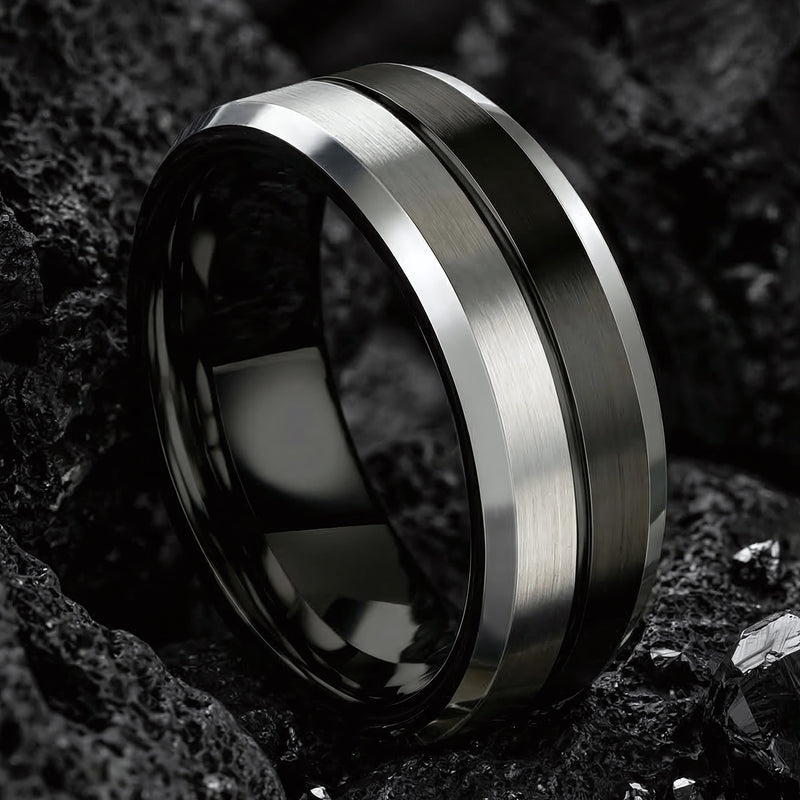Black Silver Tungsten Wedding Band, Two Tone Mens Wedding Ring, 8mm Brushed Silver Center, Beveled Edge, Comfort Fit, Anniversary Gift Him