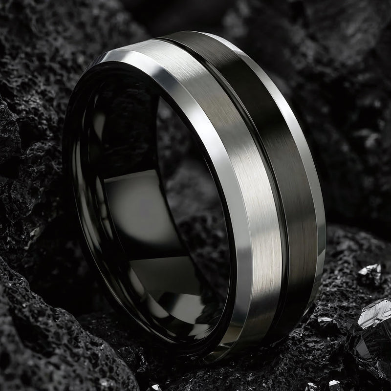 Black Silver Tungsten Wedding Band, Two Tone Mens Wedding Ring, 8mm Brushed Silver Center, Beveled Edge, Comfort Fit, Anniversary Gift Him
