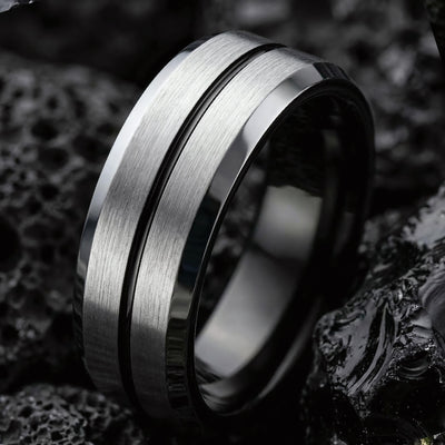 Tungsten Wedding Band, Black Silver Ring, 8mm Beveled Edge, Jewelry, Custom, Personalized, Minimalist, Handmade, Unique, Gift for Husband