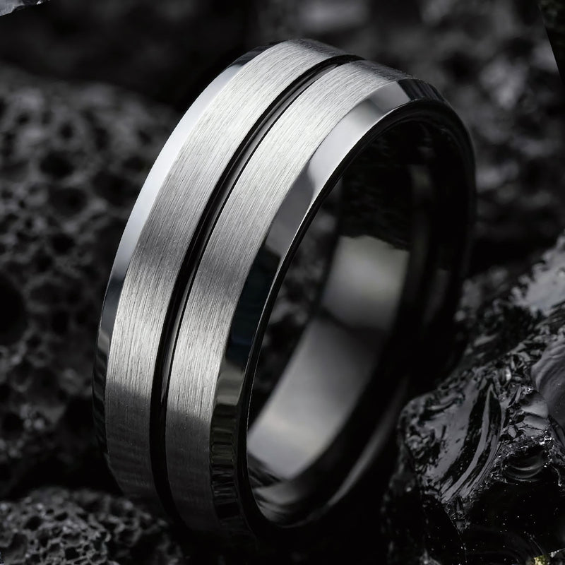 Tungsten Wedding Band, Black Silver Ring, 8mm Beveled Edge, Jewelry, Custom, Personalized, Minimalist, Handmade, Unique, Gift for Husband