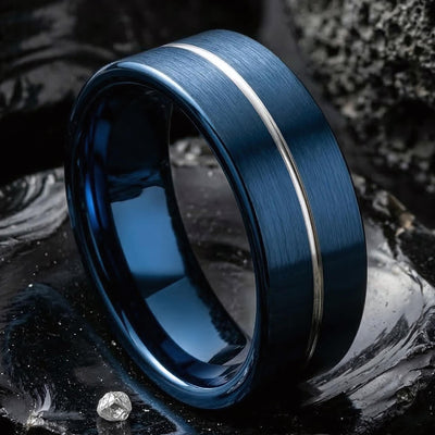 Mens Wedding Ring, Blue Silver Tungsten Band, 8mm Flat, Jewelry, Custom, Personalized, Minimalist, Handmade, Birthday, Gift for Husband