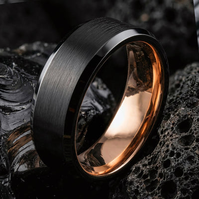 Mens Wedding Band, Black Rose Gold Tungsten Ring, 8mm Beveled Edge, Jewelry, Custom, Personalized, Minimalist, Handmade, Gift for Him