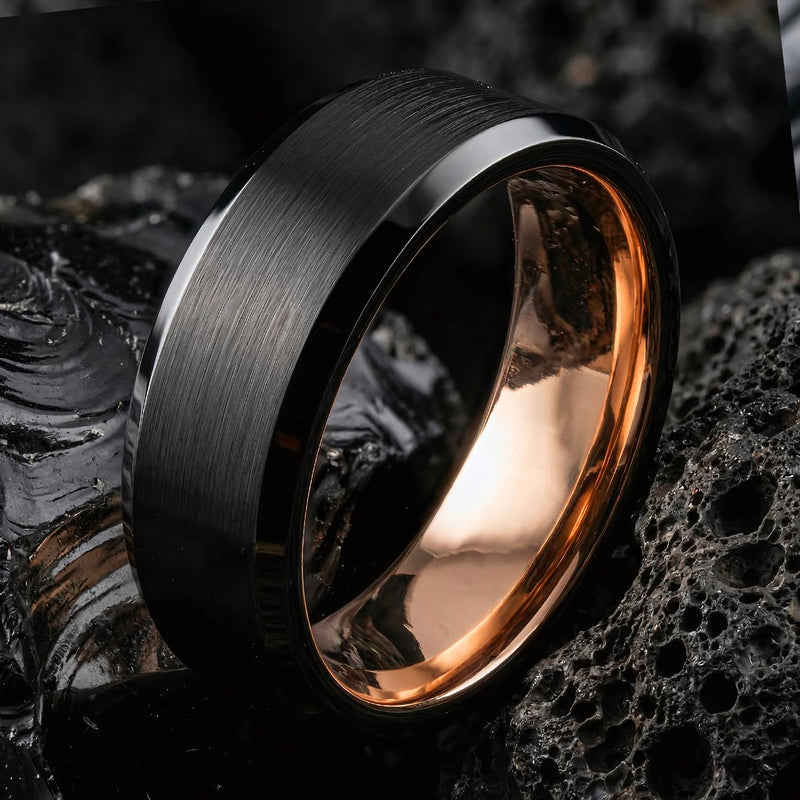 Mens Wedding Band, Black Rose Gold Tungsten Ring, 8mm Beveled Edge, Jewelry, Custom, Personalized, Minimalist, Handmade, Gift for Him