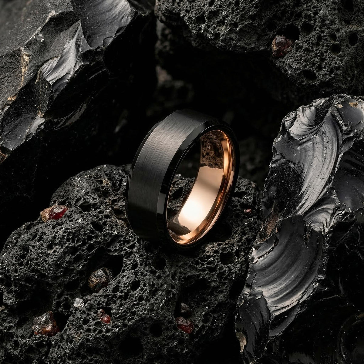 Mens Wedding Band, Black Rose Gold Tungsten Ring, 8mm Beveled Edge, Jewelry, Custom, Personalized, Minimalist, Handmade, Gift for Him