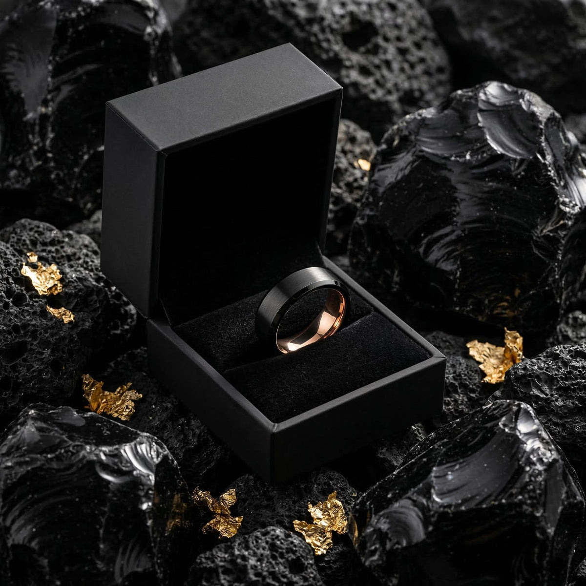 Mens Wedding Band, Black Rose Gold Tungsten Ring, 8mm Beveled Edge, Jewelry, Custom, Personalized, Minimalist, Handmade, Gift for Him