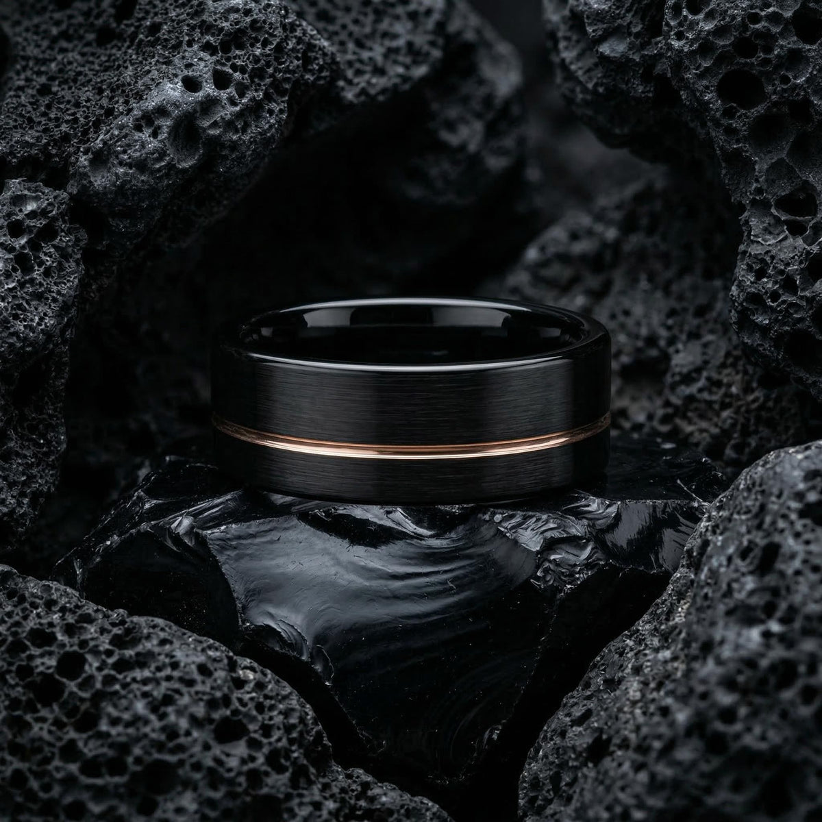 Tungsten Carbide Mens Wedding Band Black Rose Gold 8mm Flat Edge Custom Engraved Personalized Ring Minimalist Handmade Gift for Him