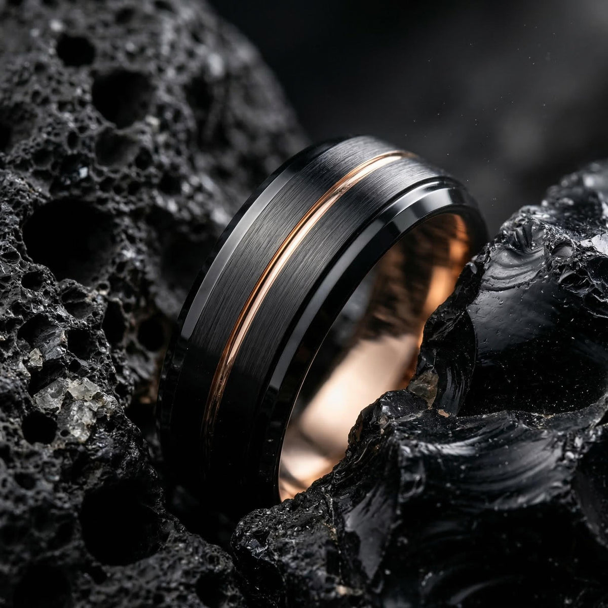 Engraved Ring, Black Rose Gold Tungsten Wedding Band, 8mm Beveled Edge, Custom, Personalized, Minimalist, Handmade, Unique, Gift for Him