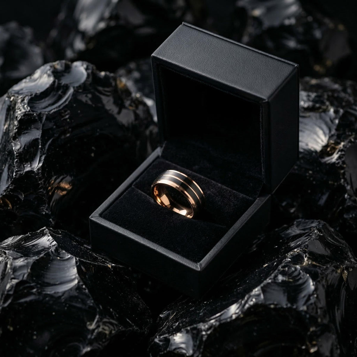 Mens Wedding Ring for Husband, Black Rose Gold Tungsten 8mm Beveled, Personalized Engraved Inside, Custom, Anniversary Gift for Him