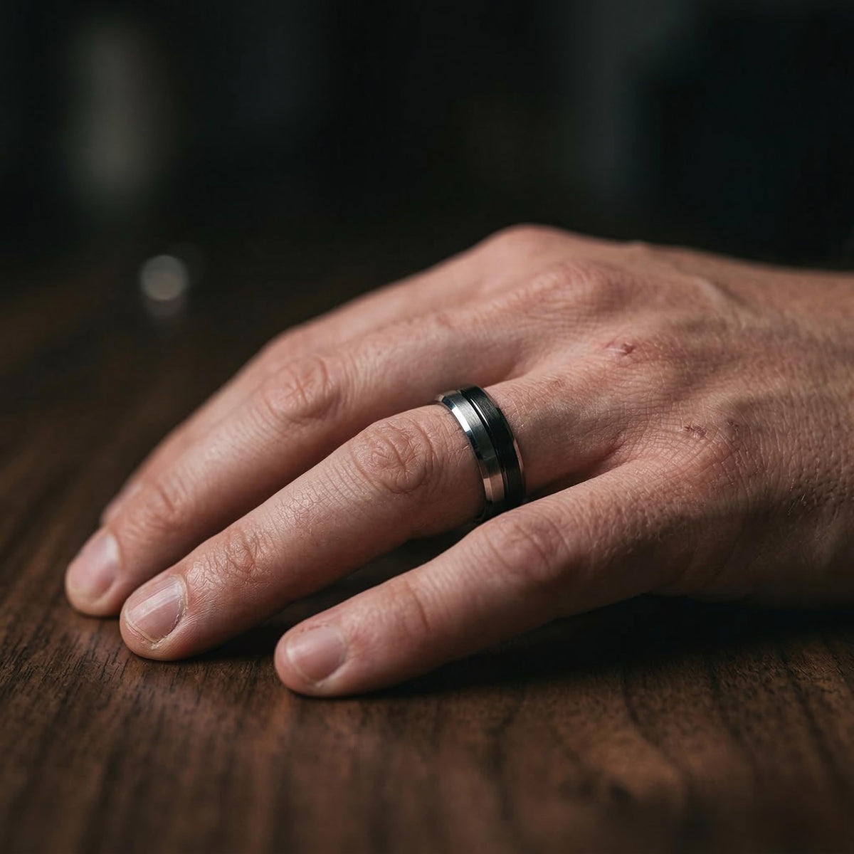 Black Silver Tungsten Wedding Band, Two Tone Mens Wedding Ring, 8mm Brushed Silver Center, Beveled Edge, Comfort Fit, Anniversary Gift Him