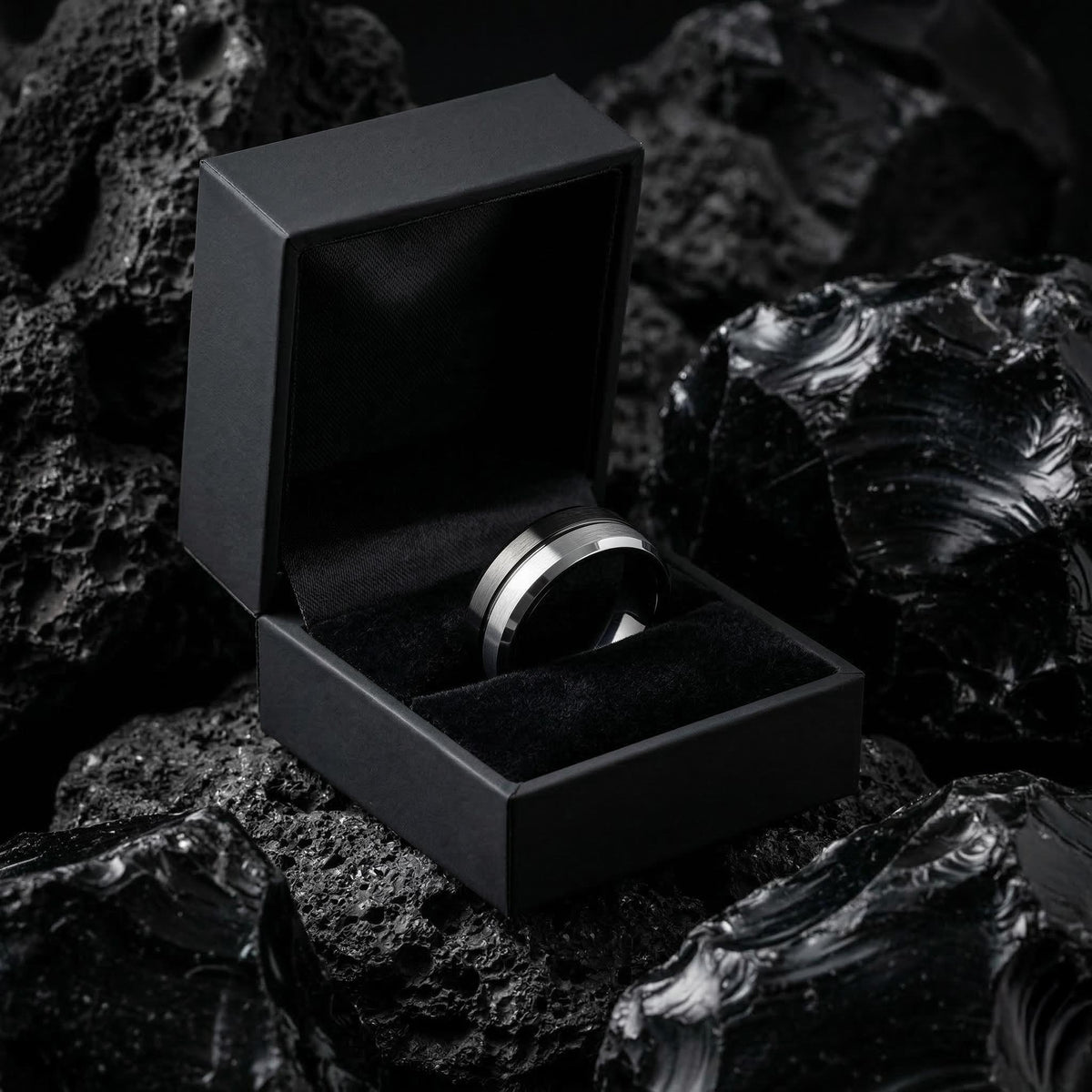 Black Silver Tungsten Wedding Band, Two Tone Mens Wedding Ring, 8mm Brushed Silver Center, Beveled Edge, Comfort Fit, Anniversary Gift Him