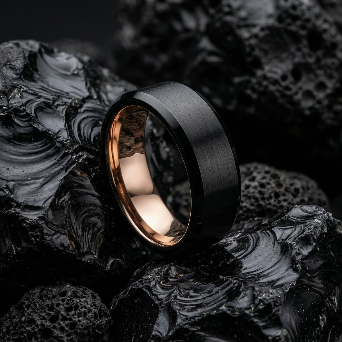 Mens Wedding Band, Black Rose Gold Tungsten Ring, 8mm Beveled Edge, Jewelry, Custom, Personalized, Minimalist, Handmade, Gift for Him