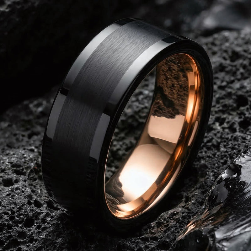 Mens Tungsten Wedding Band - Black Rose Gold 8mm Flat Personalized