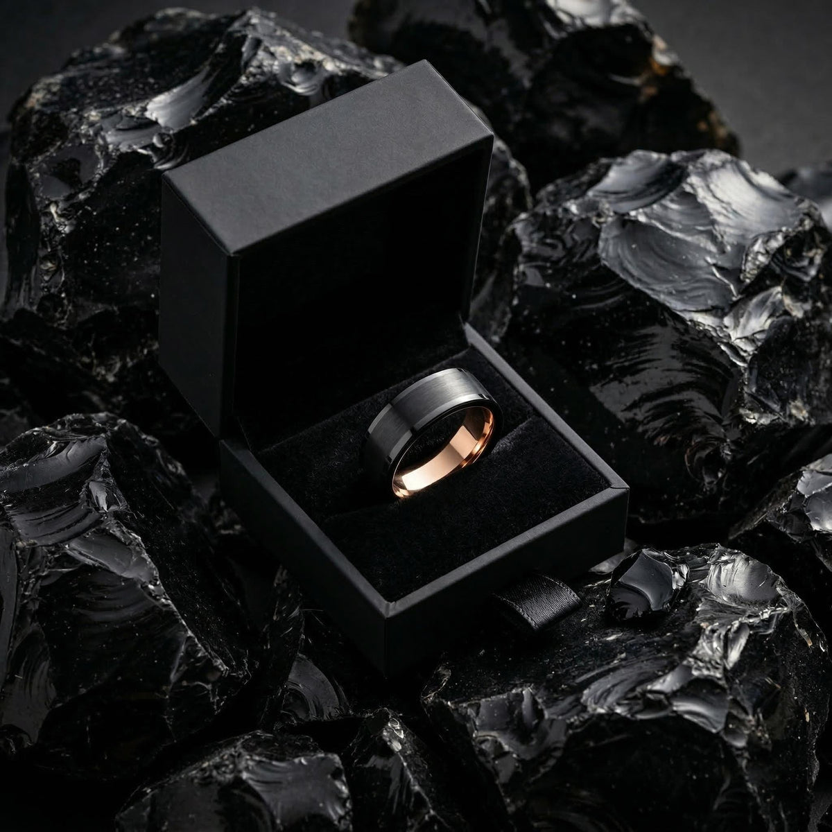 Mens Tungsten Wedding Band - Black Rose Gold 8mm Flat Personalized