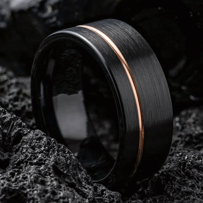 Tungsten Carbide Mens Wedding Band Black Rose Gold 8mm Flat Edge Custom Engraved Personalized Ring Minimalist Handmade Gift for Him