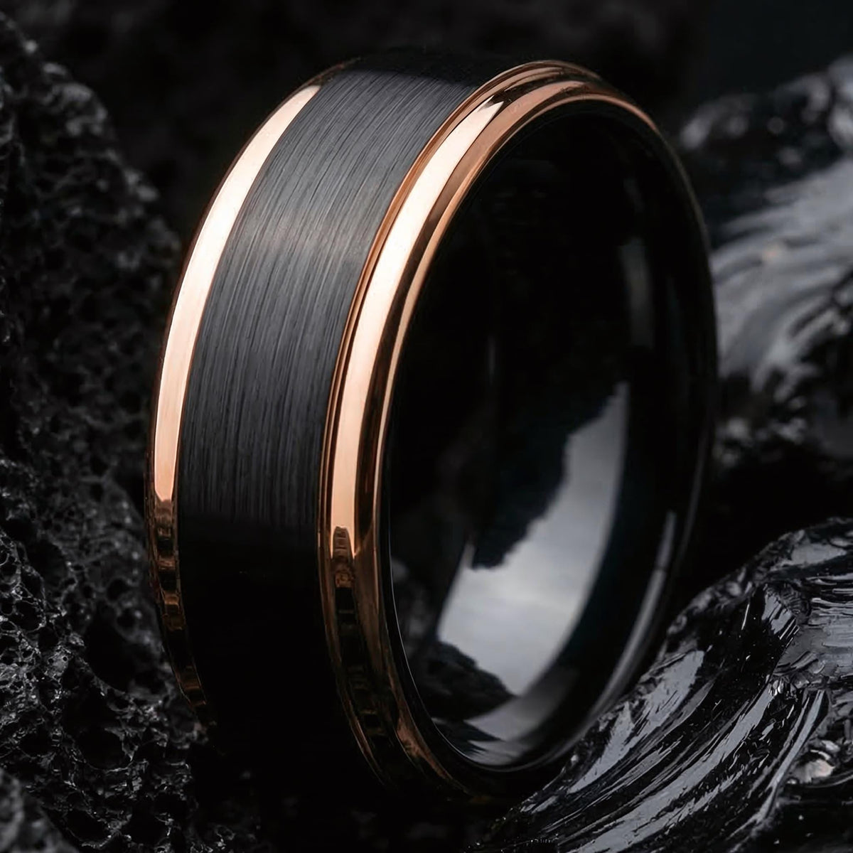 Birthday Gift, Black Rose Gold Tungsten Wedding Ring, 8mm Beveled Edge, Custom, Personalized, Minimalist, Handmade, Gift for Boyfriend