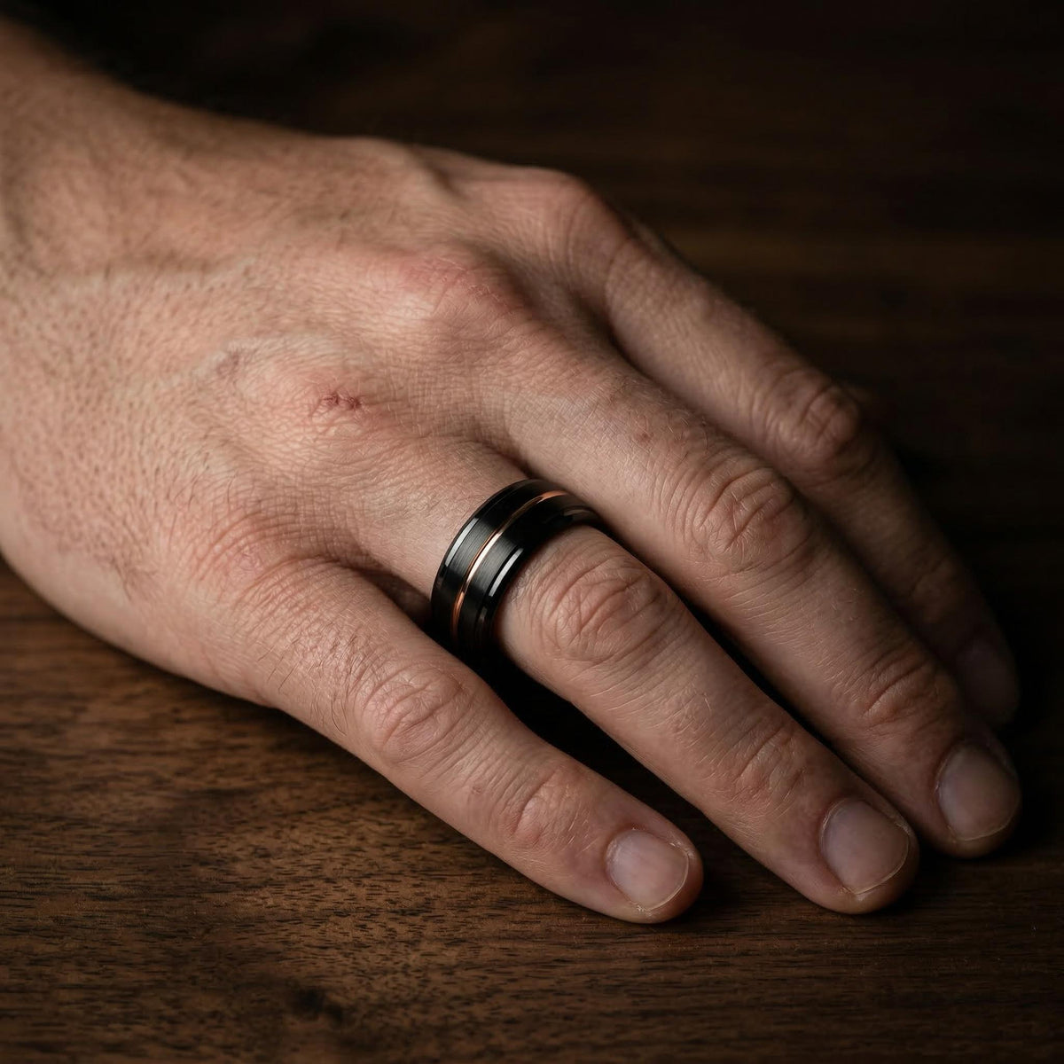 Engraved Ring, Black Rose Gold Tungsten Wedding Band, 8mm Beveled Edge, Custom, Personalized, Minimalist, Handmade, Unique, Gift for Him