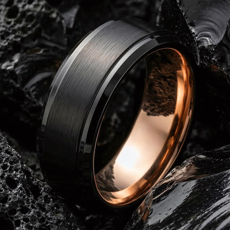 Mens Wedding Band, Black Rose Gold Tungsten Ring, 8mm Beveled Edge, Jewelry, Custom, Personalized, Minimalist, Handmade, Gift for Him