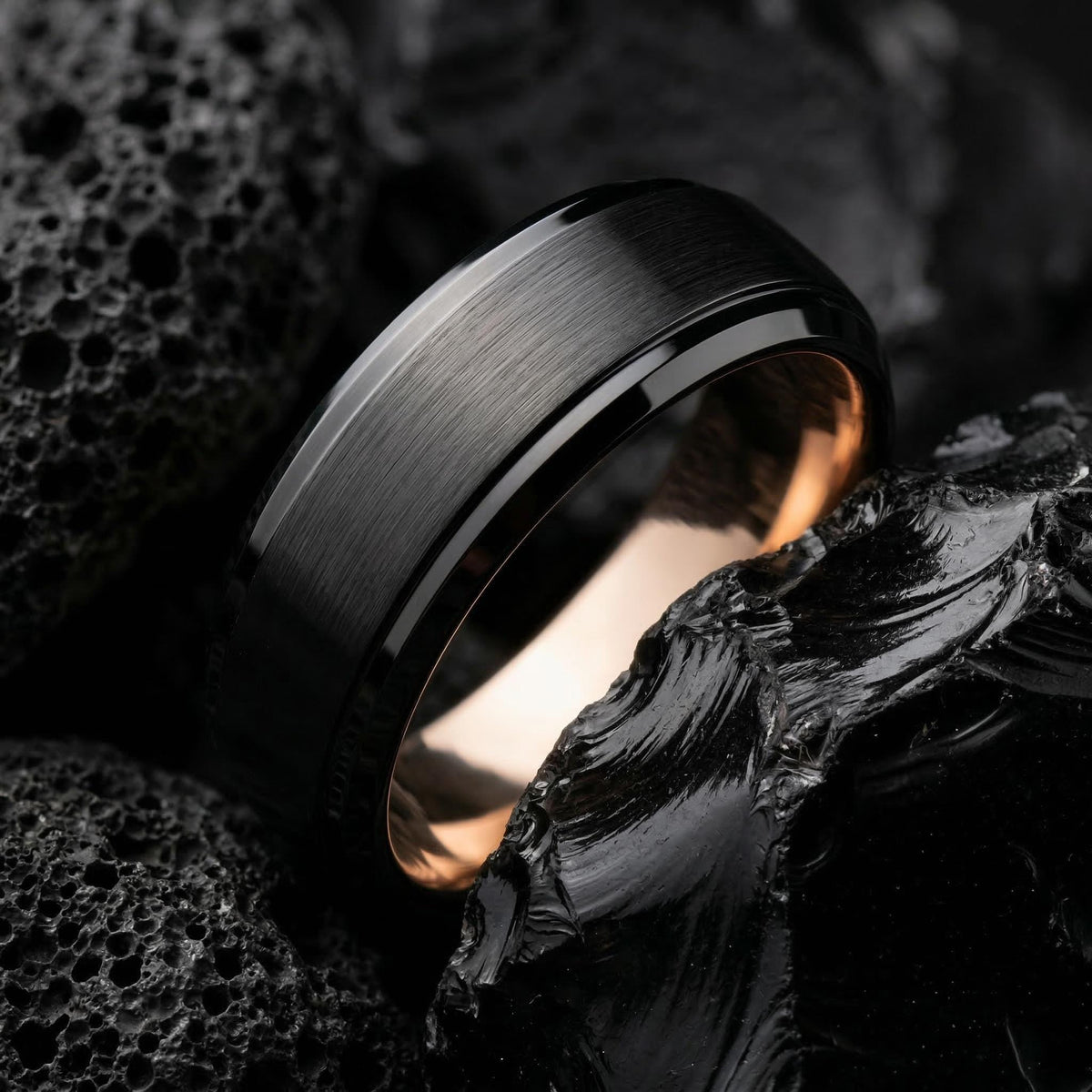 Mens Wedding Band, Black Rose Gold Tungsten Ring, 8mm Beveled Edge, Jewelry, Custom, Personalized, Minimalist, Handmade, Gift for Him