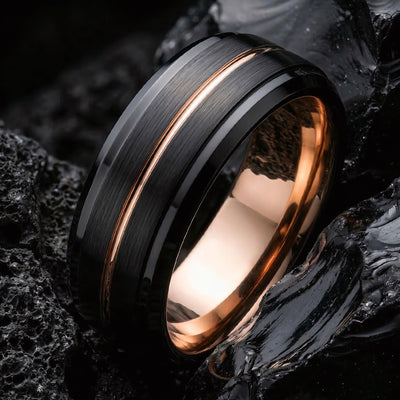 Black Tungsten Ring With Rose Gold Inside 8mm Beveled Edge Mens Wedding Band Custom Engraved Personalized Comfort Fit Handmade Gift for Him