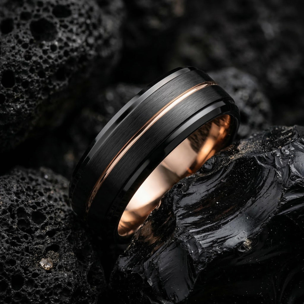 Black Tungsten Ring With Rose Gold Inside 8mm Beveled Edge Mens Wedding Band Custom Engraved Personalized Comfort Fit Handmade Gift for Him
