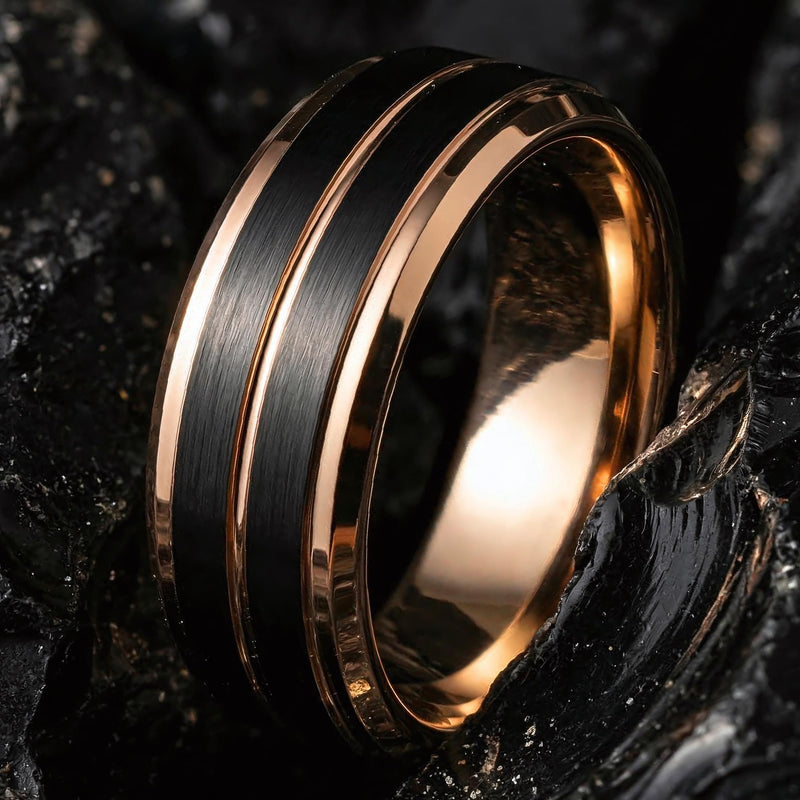 Mens Wedding Ring for Husband, Black Rose Gold Tungsten 8mm Beveled, Personalized Engraved Inside, Custom, Anniversary Gift for Him