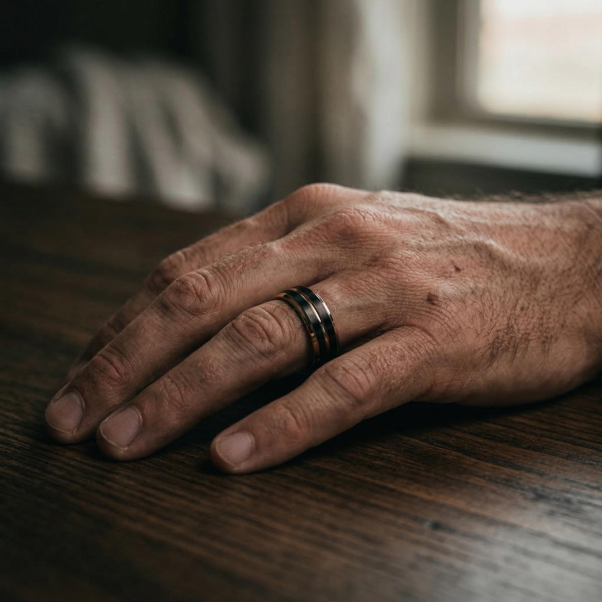 Mens Wedding Ring for Husband, Black Rose Gold Tungsten 8mm Beveled, Personalized Engraved Inside, Custom, Anniversary Gift for Him