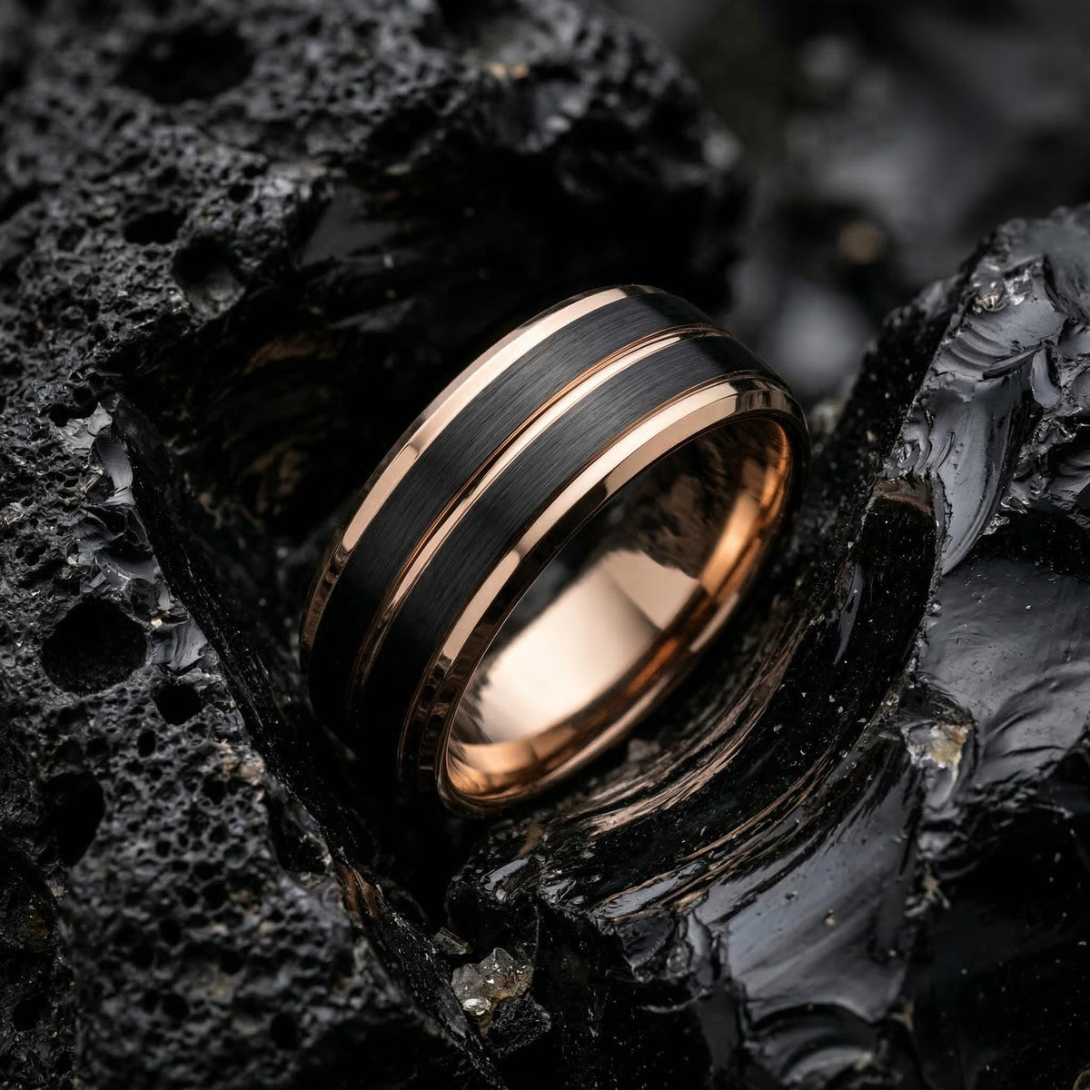 Mens Wedding Ring for Husband, Black Rose Gold Tungsten 8mm Beveled, Personalized Engraved Inside, Custom, Anniversary Gift for Him