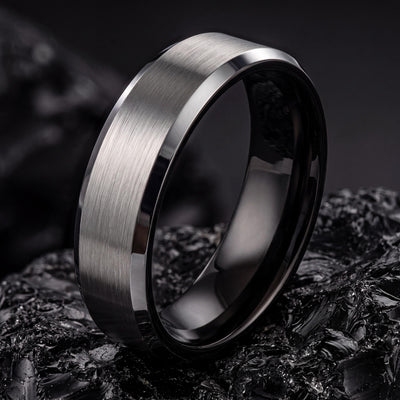 Custom Engraved Ring, Black Silver Tungsten Wedding Band, 8mm Beveled Edge, Jewelry, Personalized, Minimalist, Handmade, Gift for Husband