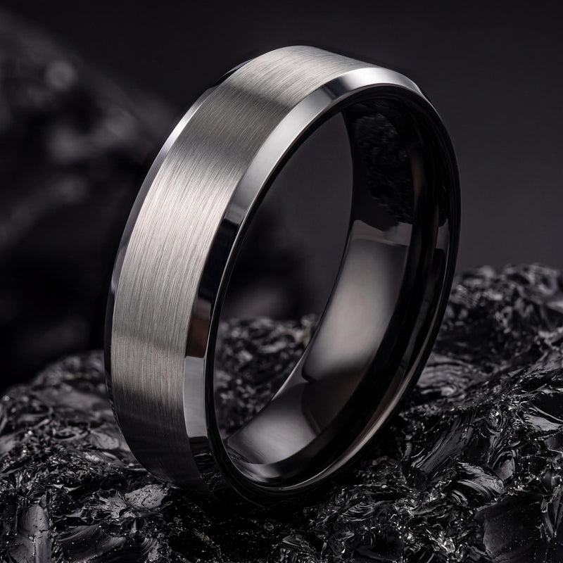 Custom Engraved Ring, Black Silver Tungsten Wedding Band, 8mm Beveled Edge, Jewelry, Personalized, Minimalist, Handmade, Gift for Husband