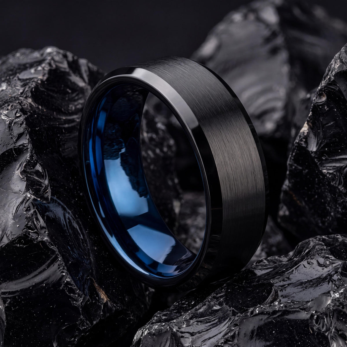 Mens Wedding Ring Blue, Brushed Black Tungsten Ring 6mm, Engagement Ring, Couple Promise Ring, Personalized Gifts for Her, Ring for Wife