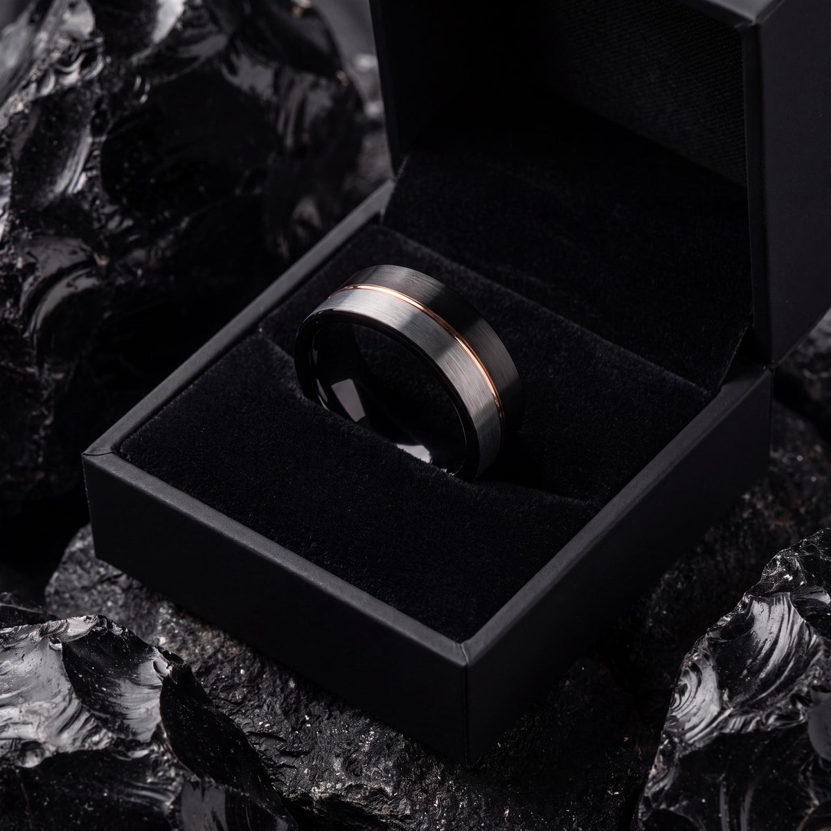 Tungsten Wedding Band, Black & Silver with Rose Gold Inlay