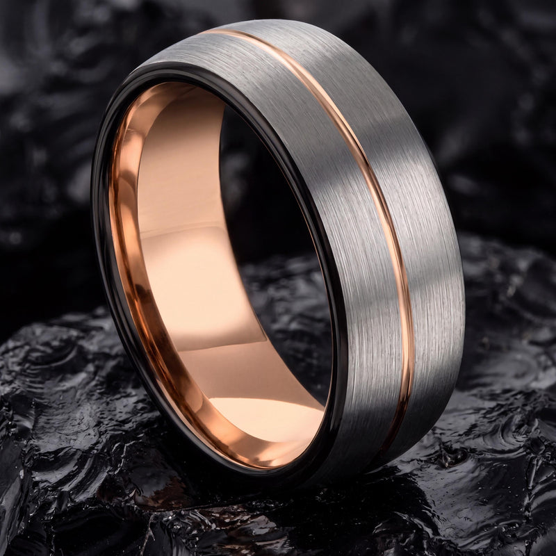 Mens Wedding Band Tungsten,Womens Wedding Bands,Wedding Bands Women Curved,Black Line Rose,Silver Handmade Ring,Rose Gold Wedding,Black Ring