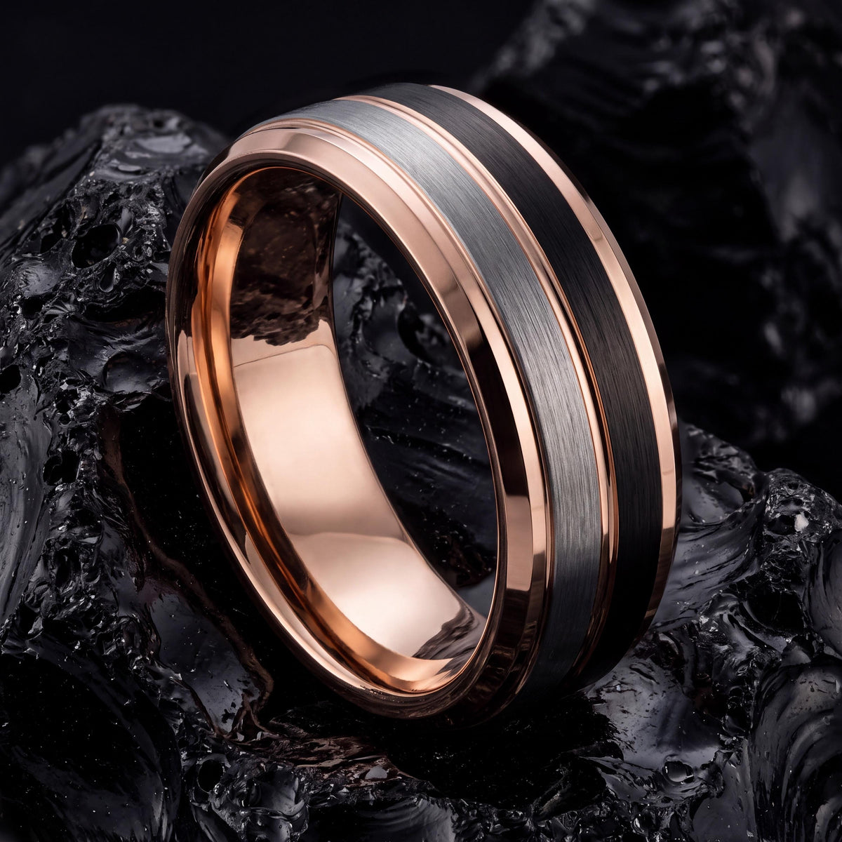 Wedding Band Engagement,Rose Gold and Black Tungsten Wedding Band,Silver Promise Ring Men,Rose Gold Wedding Band Women,Black Wedding Ring,10