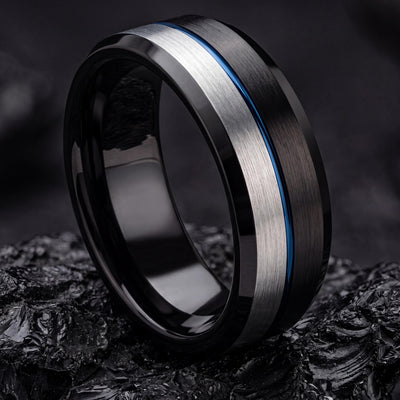 Tungsten Wedding Band,Mens Tungsten Wedding Band,Unique Wedding Rings,Wedding Ring Set Women,Hammered Silver Ring Women,Black Wedding,Blue,8