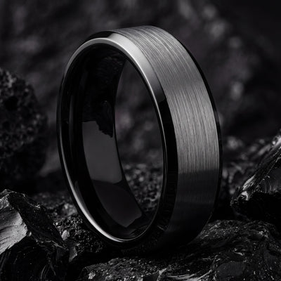 Tungsten Wedding Band, Black and Silver, Engraved Ring