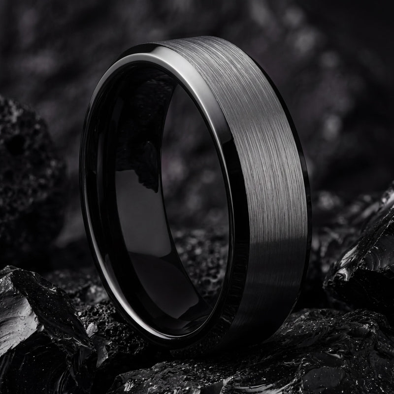 Tungsten Wedding Band, Black and Silver, Engraved Ring