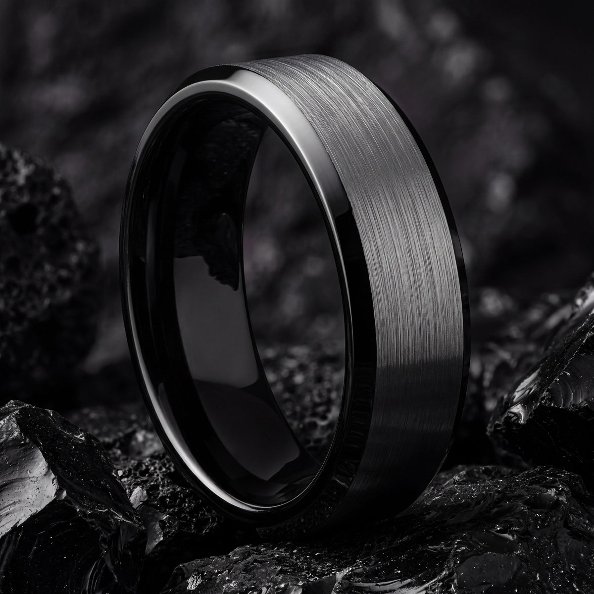 Tungsten Wedding Band, Black and Silver, Engraved Ring