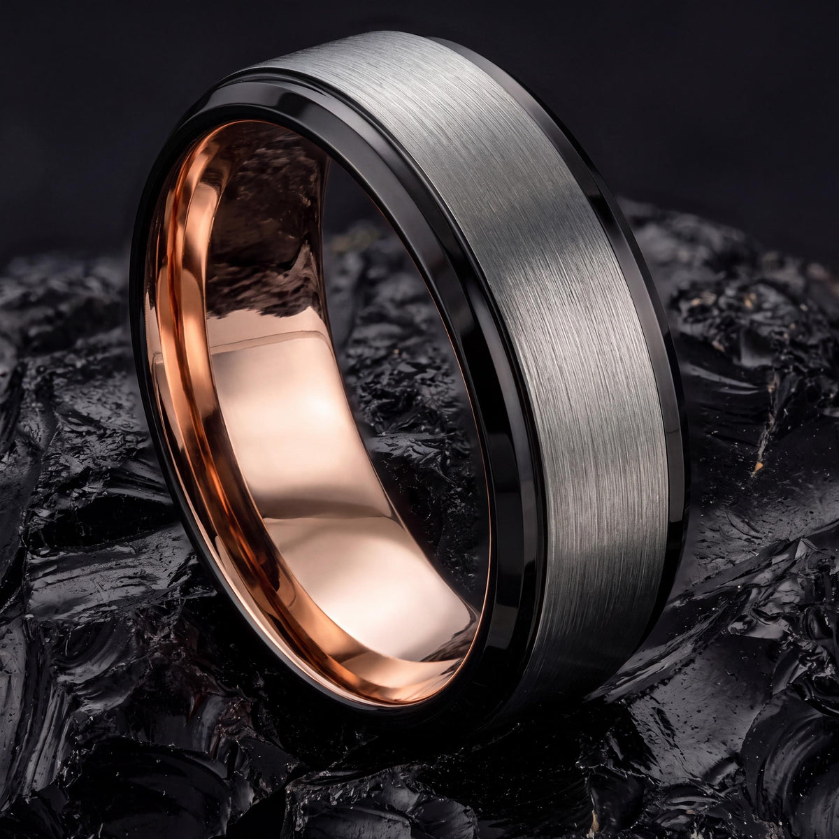 Tungsten Carbide Wedding Bands Set, Black, Silver, Rose Gold Plated