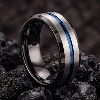 Mens Wedding Band Tungsten,Womens Wedding Bands,Bevel Wedding Band 8Mm,Male Wedding Band Gunmetal 8mm,Womens Silver Rings,Royal Blue,For,Her
