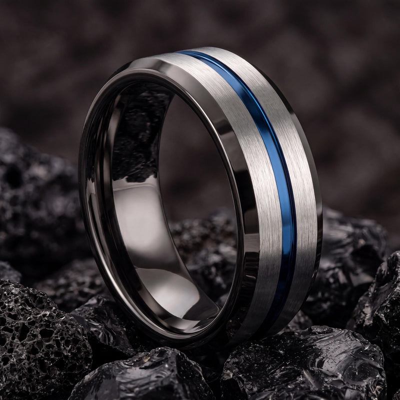 Mens Wedding Band Tungsten,Womens Wedding Bands,Bevel Wedding Band 8Mm,Male Wedding Band Gunmetal 8mm,Womens Silver Rings,Royal Blue,For,Her