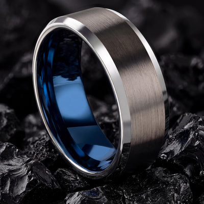 Tungsten Wedding Band,Couples Wedding Bands,Minimal Wedding Band,Male Wedding Band Gunmetal 8mm,Gray Tungsten Wedding Band,Blue Wide Ring,10